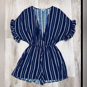 Good Luck Gem Striped Deep Plunge V-Neck Romper Size Small